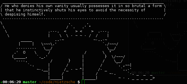 Terminal screenshot of Unix fortune plus cowsay quoting Nietzsche